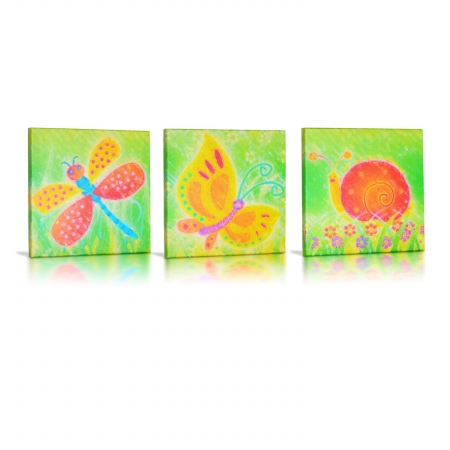 Green Fog Gf0008 Snail, Butterfly & Dragonfly Canvas Gallery Wrapped Art - 3pc. Set