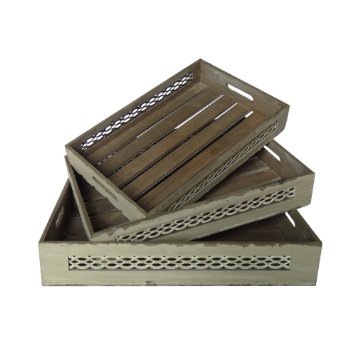 Fp-4188-3wt Set Of 3 White Wooden Trays With Wire Sides And Slatted Base