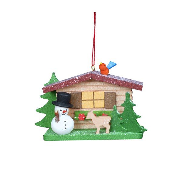 Christian Icht Ornament - Cottage With Snowman