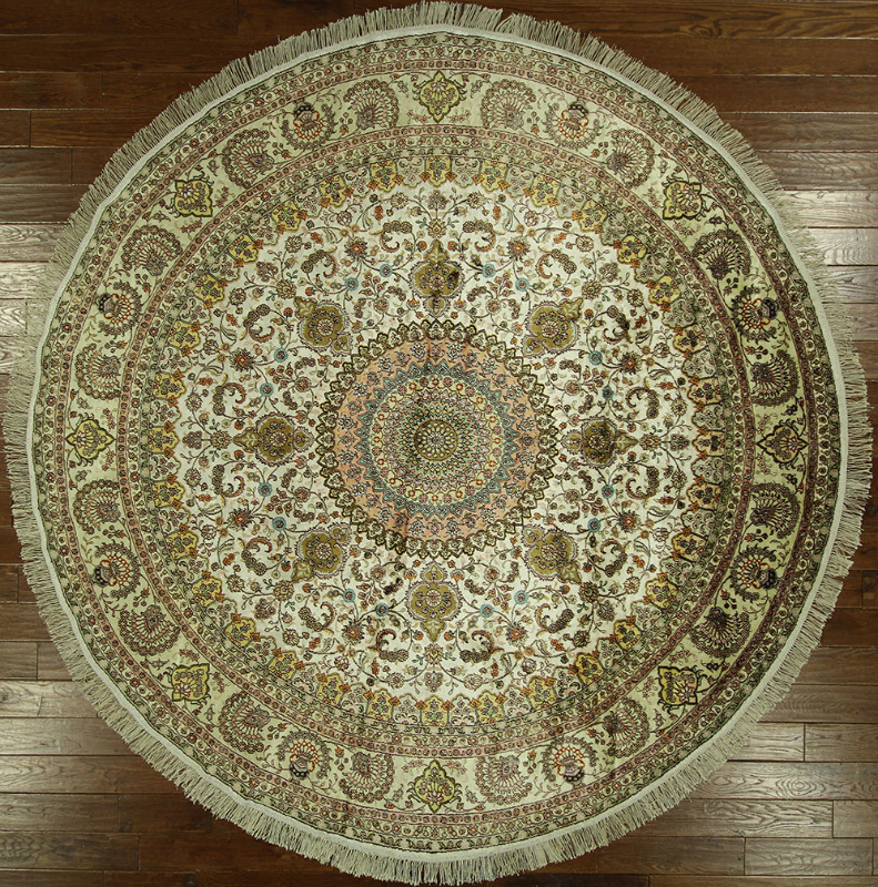 H7148 Hand Knotted Kashan Ivory Silk Round 9 Ft. Floral Oriental Rug