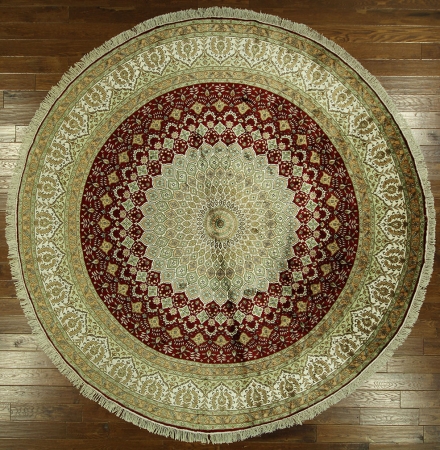 H7167 Rosette Pattern 10 Ft. Round Silk Red Kashan Hand Knotted Area Rug