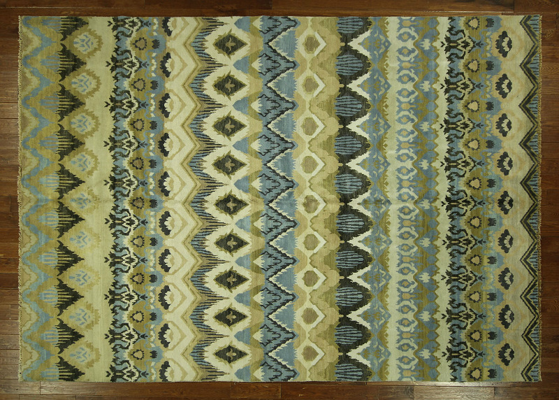 H7256 Authentic Ikat Stunning Ivory-blue 10 X 14 Ft. Hand Knotted Wool Rug