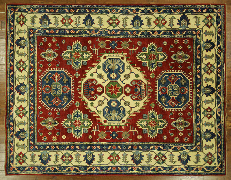 H7393 Unique Geometric Red & Ivory 8 X 11 Ft. Super Kazak Hand Knotted Wool Area Rug