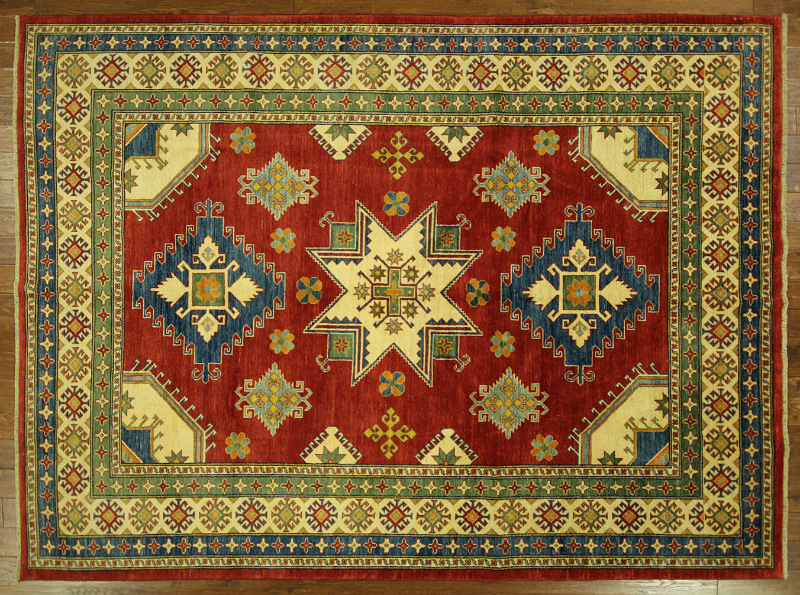 8 X 11 Ft. Geometric Hand Knotted Red Super Kazak Wool Area Rug