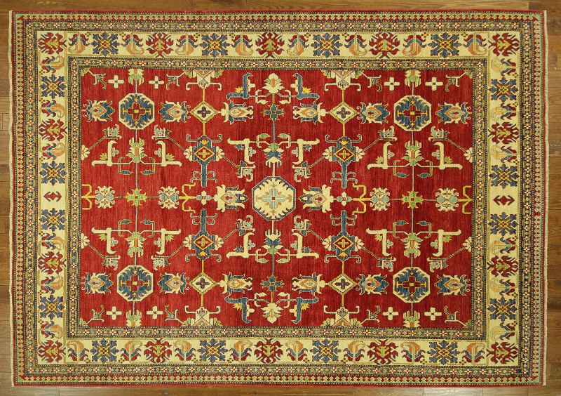 H7414 Unique Iris & Boteh Motif Red 9 X 13 Ft. Super Kazak Hand Knotted Wool Area Rug