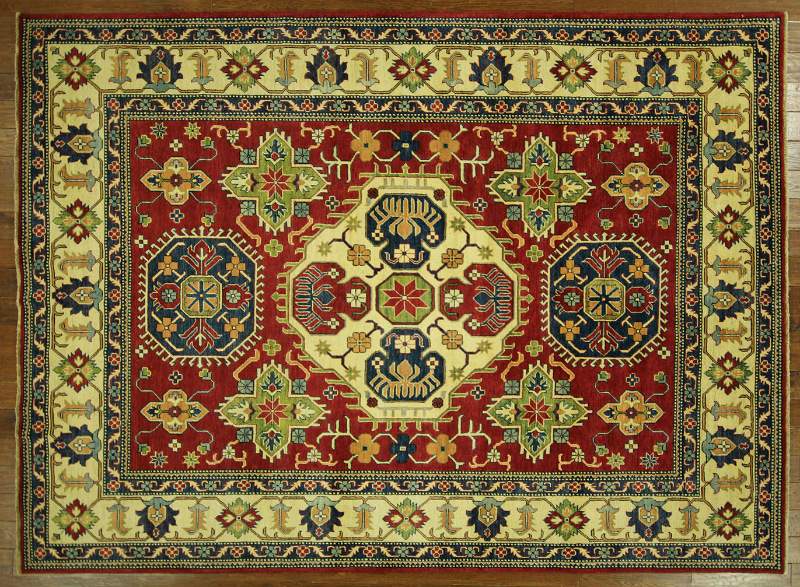 H7432 Unique 8 X 11 Oriental Kazak Red & Ivory Hand Knotted Geo-floral Wool Area Rug
