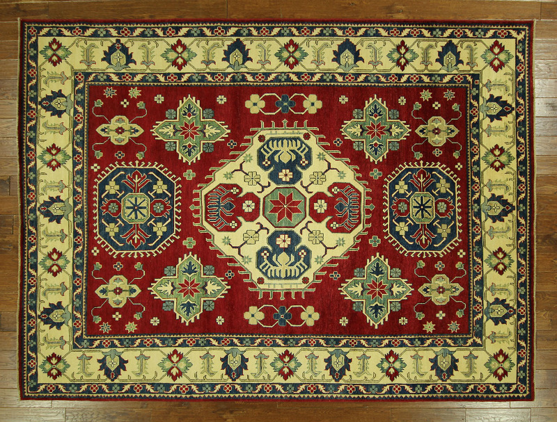 H6810 Unique 8 X 11 Carmine Red Geo-floral Super Kazak Hand Knotted Wool Area Rug