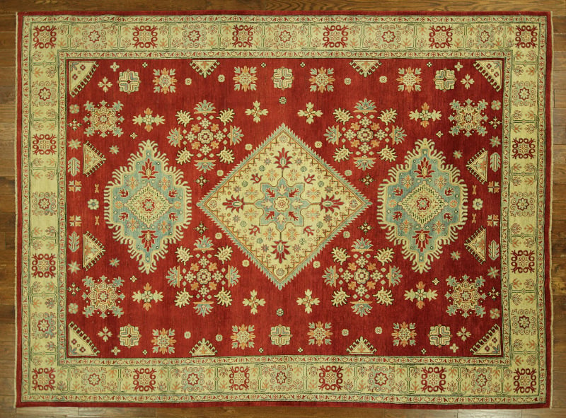 H6820 9 X 12 Ft. Diamond Motif Floral Red Super Kazak Hand Knotted Wool Area Rug