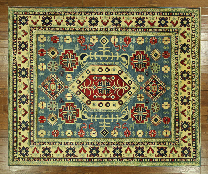 H6868 Geo Floral Blue 7 X 10 Super Kazak Hand Knotted Wool Area Rug