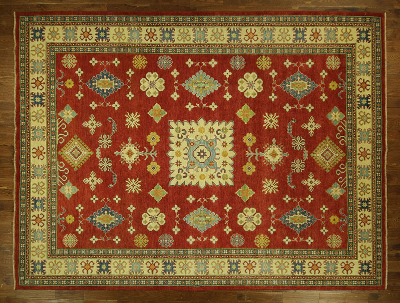 H6884 Geometric & Floral Hand Knotted 11 X 14 Ft. Red Super Kazak Wool Area Rug