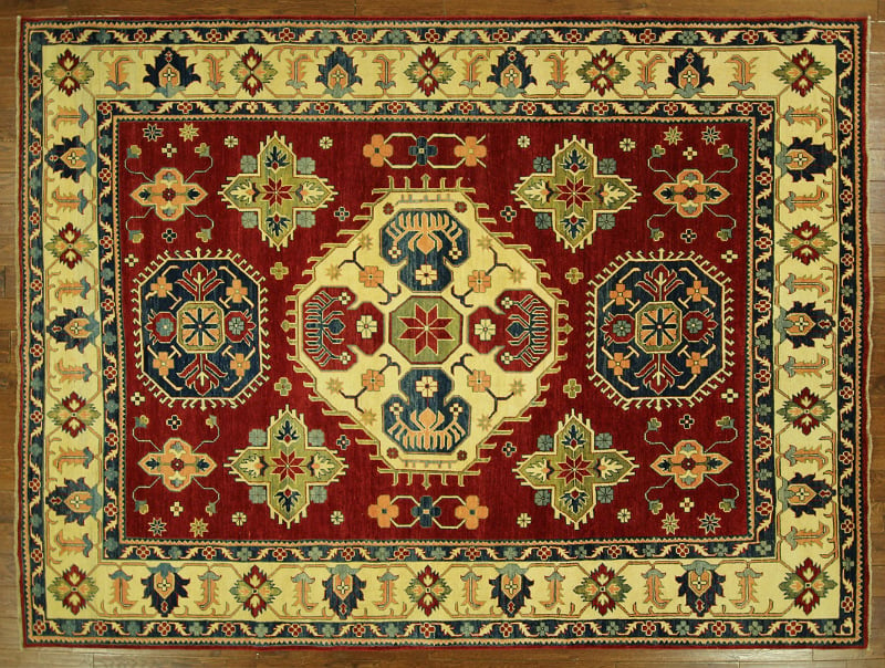 H6890 Unique Geo-floral Vibrant Red Hand Knotted 8 X 11 Super Kazak Wool Area Rug