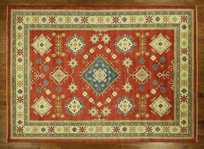 H6914 Traditional 11 X 15 Diamond Motif Red Super Kazak Hand Knotted Wool Area Rug