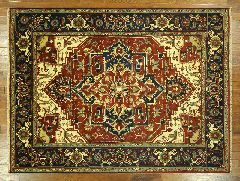 H6963 Hand Knotted 9 X 12 Ft. Peony Motif Red & Navy Blue Heriz Serapi Wool Area Rug