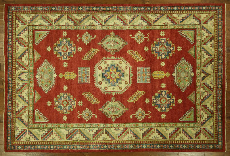 H7709 Unique Geo-floral Red & Ivory Kazak Hand Knotted Oriental 9 X 12 Wool Area Rug