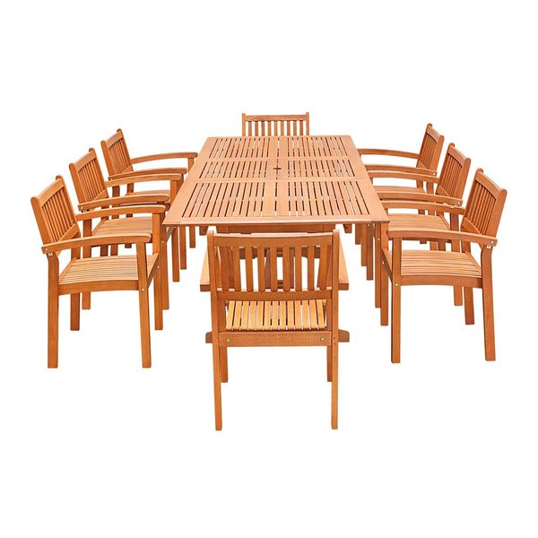 Drop Ship Vendor Group V232set33 Eco-friendly 9-piece Wood Outdoor Dining Set With Rectangular Extension Table And Stacking Chairs