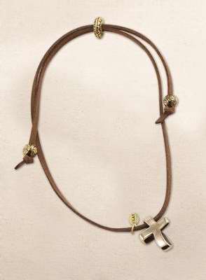 12186x Necklace - Eternity Cross - Brass With Brown Suede - 24 In.