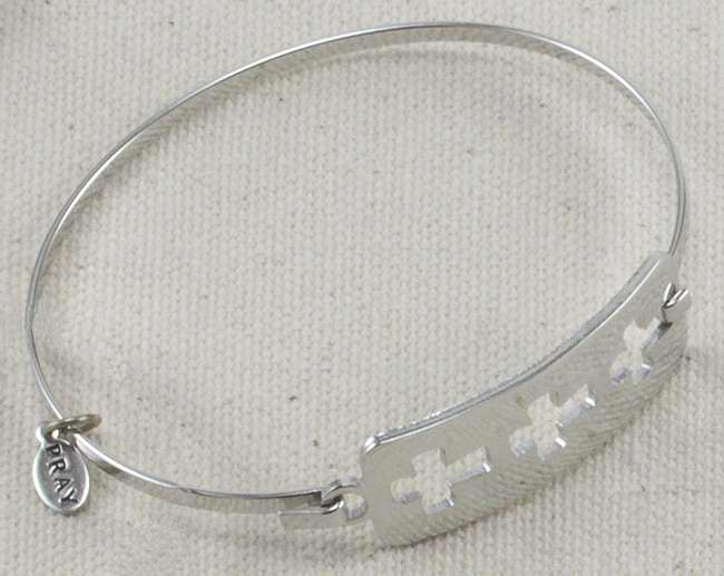 Bracelet - Trinity Cross - Hinged With Three Engraved Crosses - Silver Plated