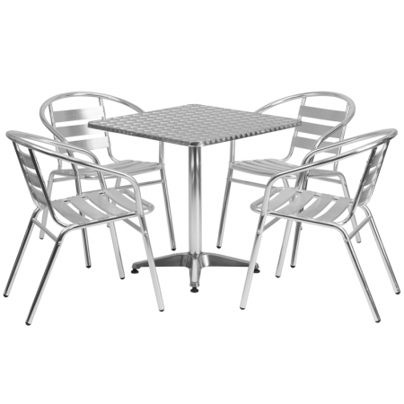 TLH - ALUM - 28SQ - 017BCHR4 - GG 27.5 in. Square Aluminum Indoor - Outdoor Table - 4 Slat Back Chairs