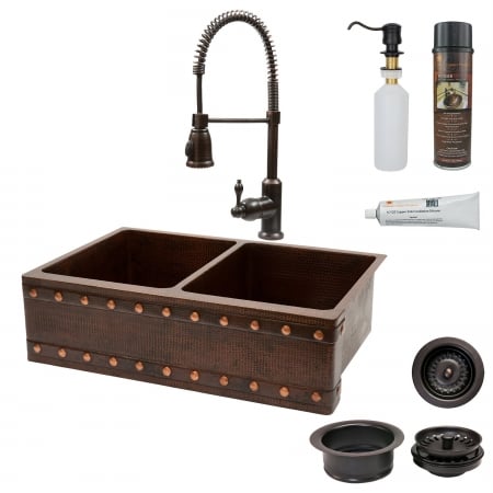 Ksp4-ka50db33229bs 33 In. Kitchen Apron 50-50 Double Basin Sink With Spring Pull Down Faucet - Barrel Strap