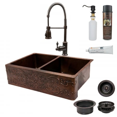 Ksp4-ka50db33229s 33 In. Kitchen Apron 50-50 Double Basin Sink With Spring Pull Down Faucet - Scroll Design