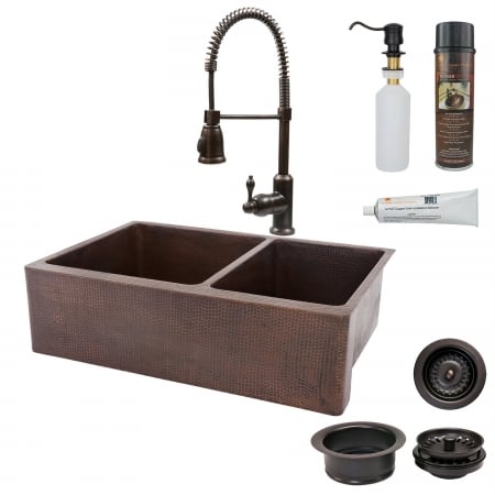 Ksp4-ka60db33229 33 In. Copper Hammered Kitchen Apron 60-40 Double Basin Sink With Spring Pull Down Faucet