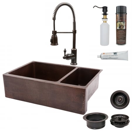 Ksp4-ka75db33229 33 In. Copper Hammered Kitchen Apron 75-25 Double Basin Sink With Spring Pull Down Faucet