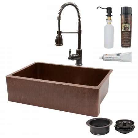 Ksp4-kasb33229 33 In. Antique Copper Hammered Kitchen Apron Sink With Spring Pull Down Faucet