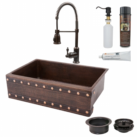 Ksp4-kasdb33229bs 33 In. Copper Hammered Kitchen Apron Sink With Spring Pull Down Faucet - Barrel Strap