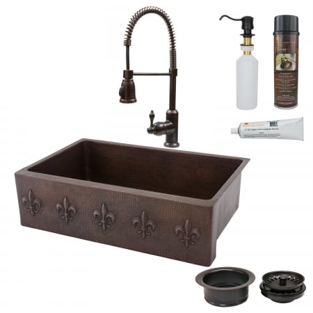 Ksp4-kasdb33229f 33 In. Copper Hammered Kitchen Apron Sink With Spring Pull Down Faucet - Fleur De Lis