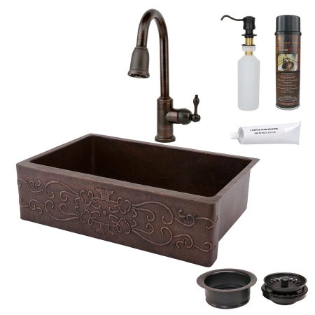 Ksp4-kasdb33229s 33 In. Copper Hammered Kitchen Apron Sink With Spring Pull Down Faucet - Scroll Design