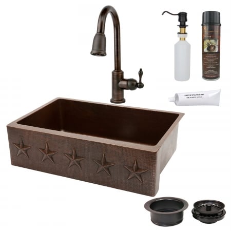 Ksp4-kasdb33229st 33 In. Copper Hammered Kitchen Apron Sink With Spring Pull Down Faucet - Star Design