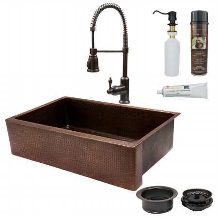 Ksp4-kasdb35229 35 In. Copper Hammered Kitchen Apron Sink With Spring Pull Down Faucet