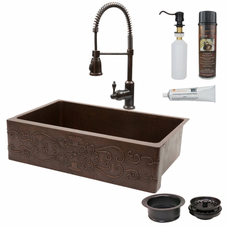 Ksp4-kasdb35229s 35 In. Copper Hammered Kitchen Apron Sink With Spring Pull Down Faucet - Scroll Design