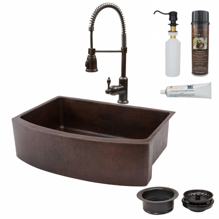 Ksp4-kasrdb33249 33 In. Copper Hammered Kitchen Rounded Apron Sink With Spring Pull Down Faucet