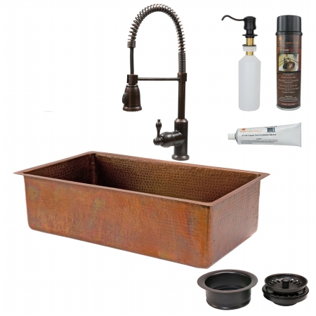 Ksp4-ksb33199 33 In. Antique Copper Hammered Kitchen Sink With Spring Pull Down Faucet