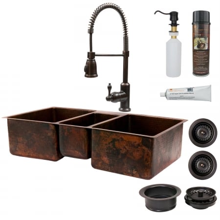 Ksp4-ktdb422210 42 In. Copper Hammered Kitchen Triple Basin Sink With Spring Pull Down Faucet