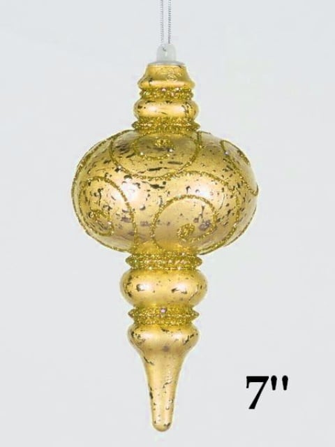 Finial Ornament Gold With Gold Glitter, 7 In.