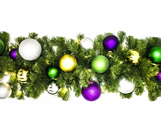 Led Blended Pine Garland Decorated With The Mardi Gras Ornament Collection
