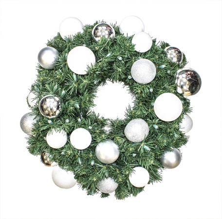 Pre-lit Warm White Led Sequoia Wreath Decorated With The Ice Ornament Collection, 6 Ft.