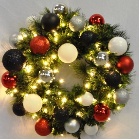 Led Blended Pine Wreath Decorated With The Modern Ornament Collection