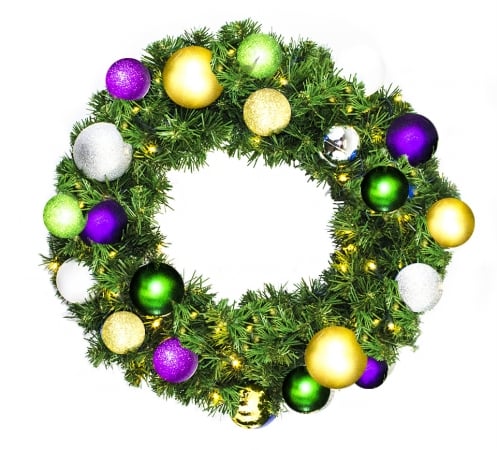Pre-lit Warm White Led Sequoia Wreath Decorated With The Mardi Gras Ornament Collection