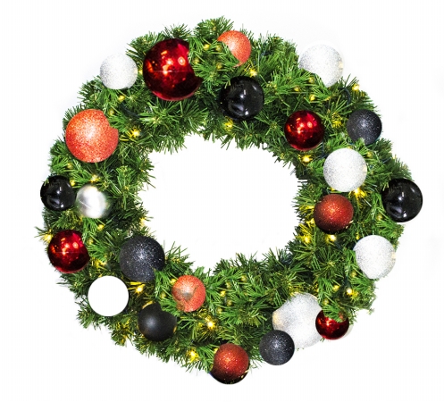 Pre-lit Warm White Led Sequoia Wreath Decorated With The Modern Ornament Collection