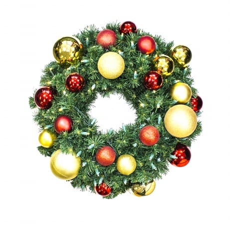 Wl-gwsq-02-rg-lww Pre-lit Warm White Led Sequoia Wreath Decorated With Red And Gold Ornament Collection