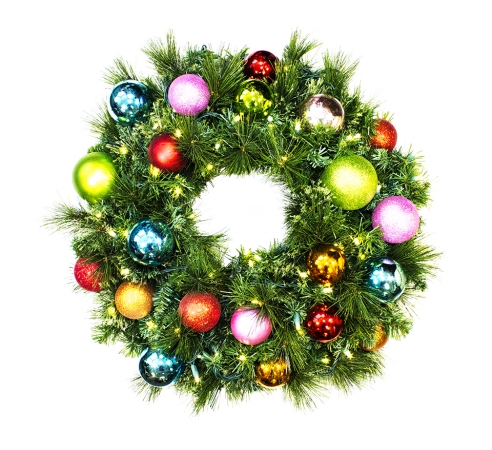 Pre-lit Warm White Led Sequoia Wreath Decorated With The Tropical Ornament Collection