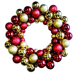 Bat-bwr-16-go-re-pw Gold And Red Ball Wreath With Battery Powered Pure White Led