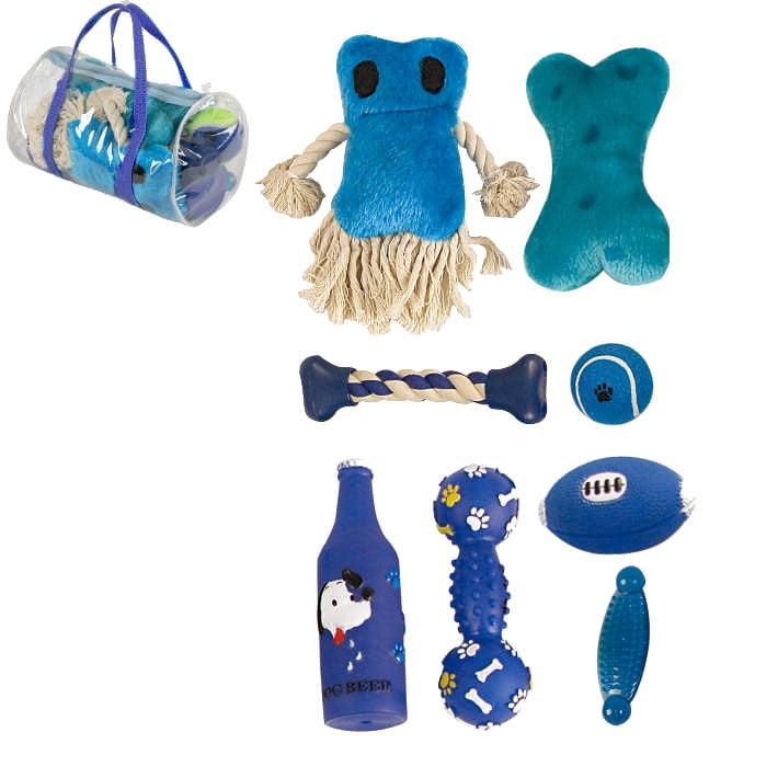 8 Piece Duffle Bag Pet Toy Set - Blue, One Size