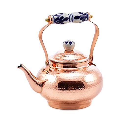 1868 2 Quart Solid Copper Hammered Tea Kettle With Ceramic Knob And Handle