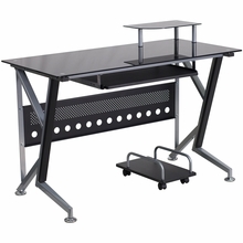 Nan-wk-059-gg Black Glass Computer Desk With Pull-out Keyboard Tray And Cpu Cart