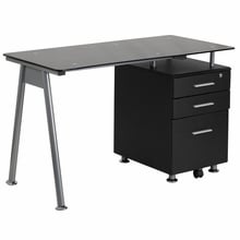 Nan-wk-021a-gg Black Glass Computer Desk With Three Drawer Pedestal