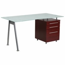 Nan-wk-021-mah-gg Glass Computer Desk With Mahogany Three Drawer Pedestal